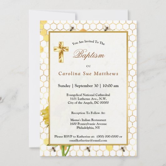 Zonnebloemgele honingraat bij Goud Baptisme Kaart (Voorkant)