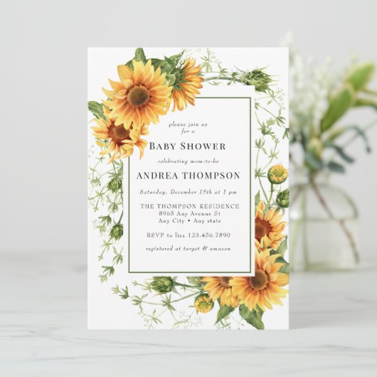 Zonnebloemgroen | Rustiek Baby shower Kaart (Staand voorkant)