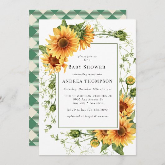 Zonnebloemgroen | Rustiek Baby shower Kaart (Voorkant / Achterkant)