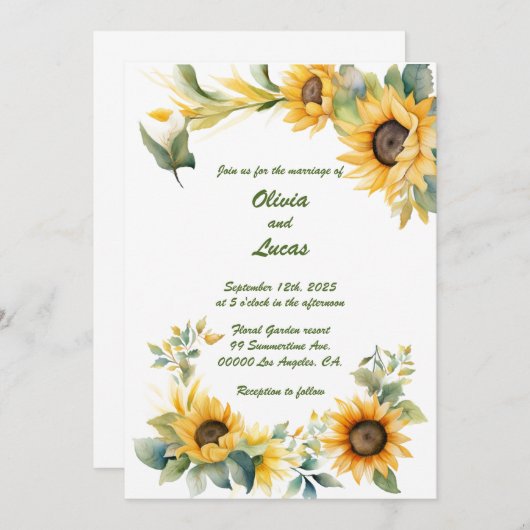 Zonnebloemhart: Gepersonaliseerde bruiloft uitnodi Kaart (Voorkant / Achterkant)