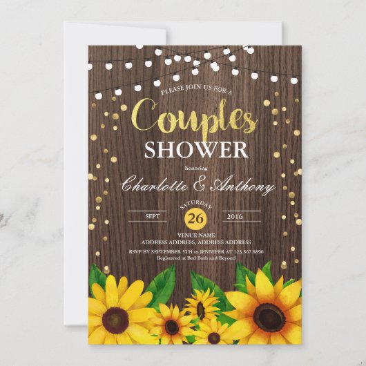 Zonnebloemhoutparen douche-uitnodiging kaart (Voorkant)