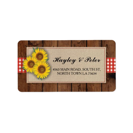 Zonnebloemjute rode check Elegante Adresetiketten Etiket (Voorkant)