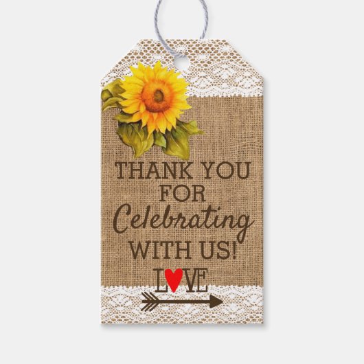 Zonnebloemkant en Burlap Afbeeldingen Trouwgunst Cadeaulabel (Voorkant)