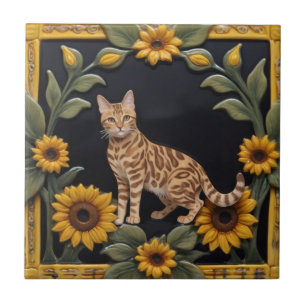 Zonnebloemkatten - Bengaalse Kat & Gele Zonnebloem Tegeltje