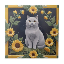 Zonnebloemkatten - Grijze Kat & Gele Zonnebloemen Tegeltje