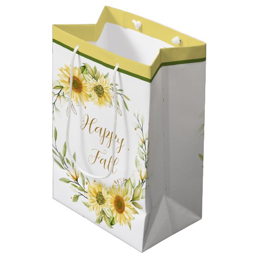 Zonnebloemkrans met aanpasbare tekst   medium cadeauzakje (Voorkant Gekanteld)