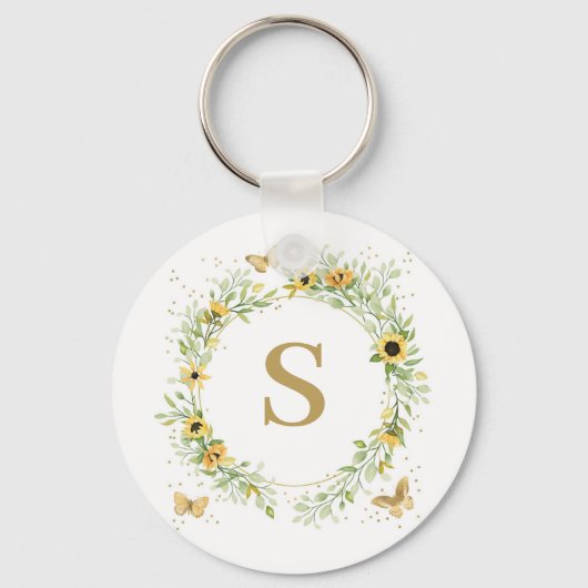 Zonnebloemkrans met vlinders monogram sleutelhanger (Voorkant)