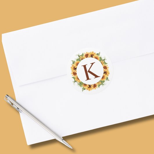 Zonnebloemkrans monogram ronde sticker