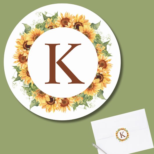 Zonnebloemkrans monogram ronde sticker