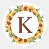 Zonnebloemkrans monogram ronde sticker (Voorkant)