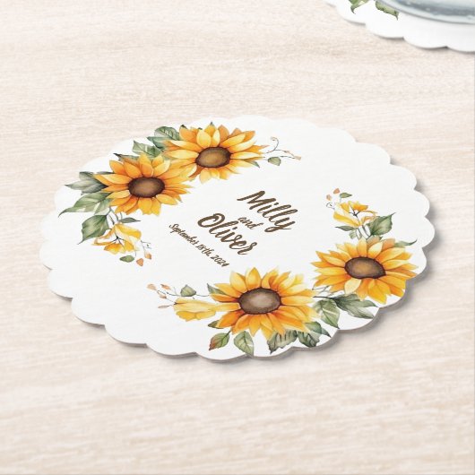 Zonnebloemkrommen: Gepersonaliseerde bruiloft Onde Kartonnen Onderzetters (Gekanteld)