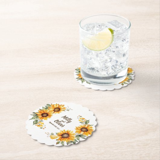 Zonnebloemkrommen: Gepersonaliseerde bruiloft Onde Kartonnen Onderzetters (Insitu)