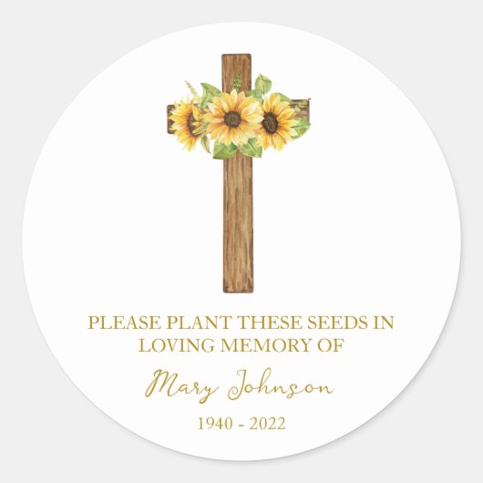Zonnebloemkruis Herdenkings Funeral Zaadpakket Ronde Sticker (Voorkant)