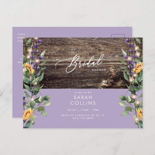 Zonnebloemlampjes en lavendel Bridal Rustic Shower Uitnodiging Briefkaart (Voorkant / Achterkant)