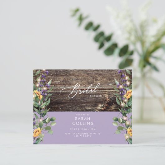 Zonnebloemlampjes en lavendel Bridal Rustic Shower Uitnodiging Briefkaart (Staand voorkant)