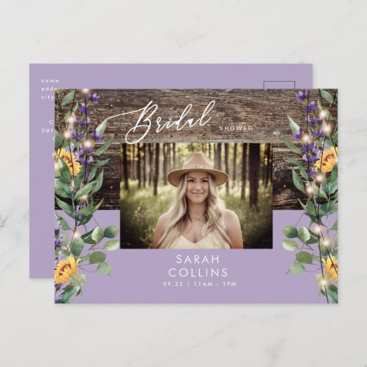Zonnebloemlampjes en lavendel Foto Rustic Bridal Uitnodiging Briefkaart (Voorkant / Achterkant)
