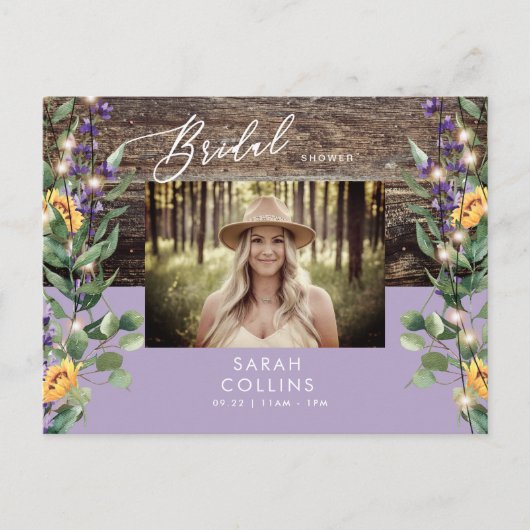 Zonnebloemlampjes en lavendel Foto Rustic Bridal Uitnodiging Briefkaart (Voorkant)