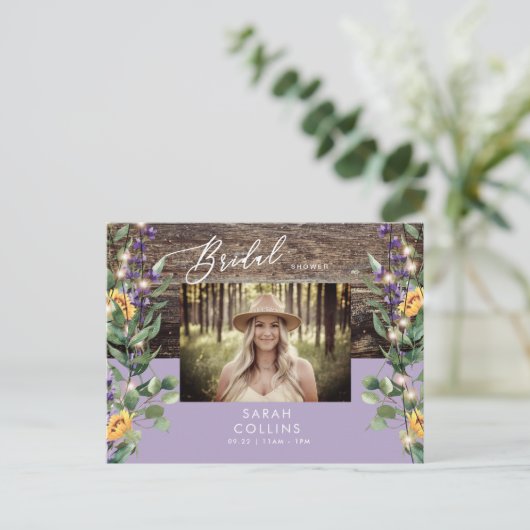 Zonnebloemlampjes en lavendel Foto Rustic Bridal Uitnodiging Briefkaart (Staand voorkant)