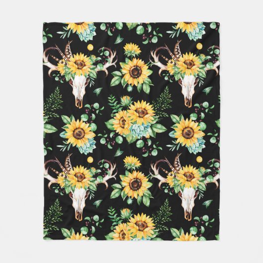 Zonnebloemland in zwart fleece deken (Voorkant)