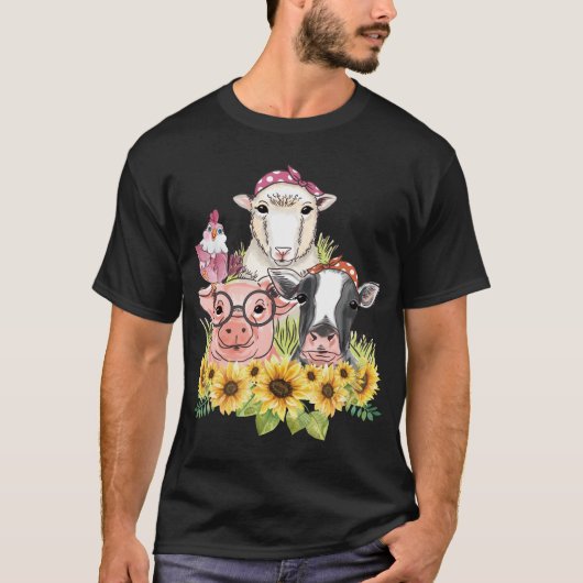 Zonnebloemlandbouwhuisdieren Koe kippen T-shirt (Voorkant)