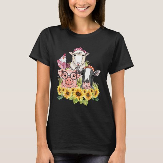 Zonnebloemlandbouwhuisdieren Koe kippen T-shirt (Voorkant)
