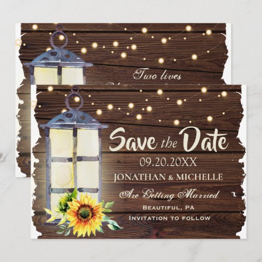 Zonnebloemlastlantaarn Rustisch hout Save The Date (Voorkant / Achterkant)