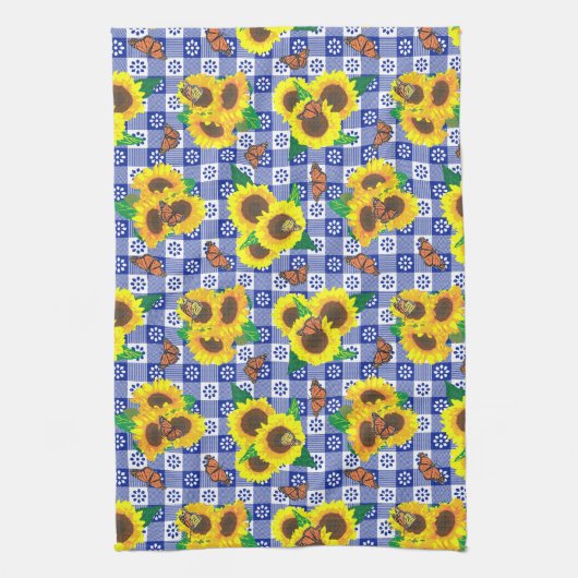 Zonnebloemmonarch Butterflies Blue Gingham Patroon Theedoek (Verticaal)