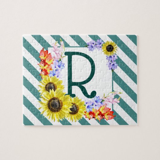 Zonnebloemmonogram Blauwgroen strepen Legpuzzel (Horizontaal)