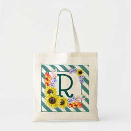 Zonnebloemmonogram Blauwgroen strepen Tote Bag