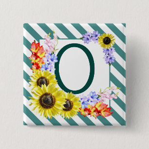 Zonnebloemmonogram Blauwgroen strepen Vierkante Button 5,1 Cm
