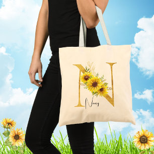 Zonnebloemmonogram Letter N Floral Letter N Tote Bag
