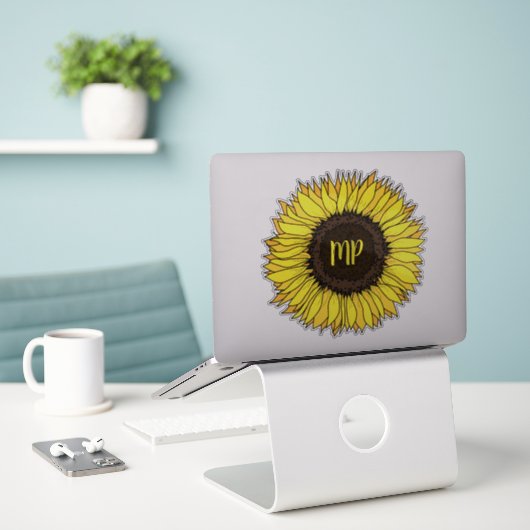 Zonnebloemmonogram Sticker (Laptop op bureau)