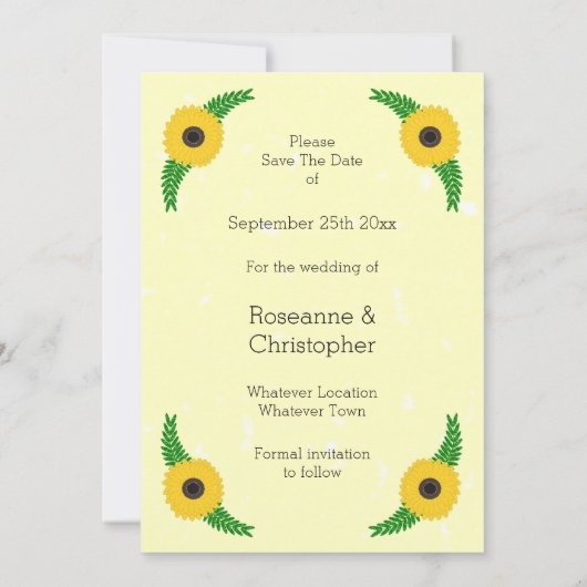 Zonnebloemontwerp Trouwgeel Save The Date (Achterkant)