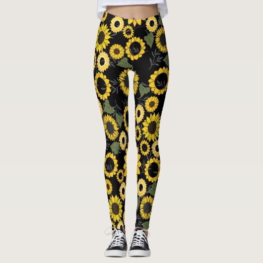 Zonnebloempatroon A01.b Black BG Leggings (Voorkant)