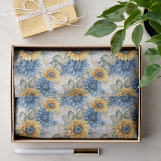 Zonnebloempatroon Blauwe en Gele Decoupage Tissuepapier (Geschenk)