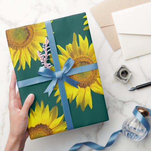 Zonnebloempatroon Blauwgroen Gift Wrap Roll Cadeaupapier (Geschenken)