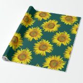 Zonnebloempatroon Blauwgroen Gift Wrap Roll Cadeaupapier (Uitgerold)