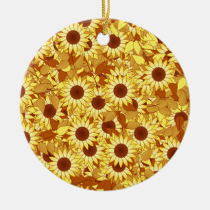 Zonnebloempatroon - goud, geel en bruin keramisch ornament
