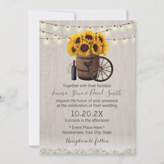 zonnebloempel Rustic Wedding Kaart (Voorkant)