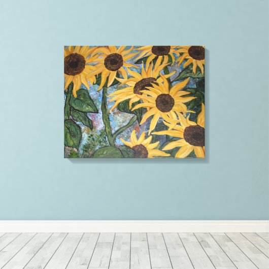 Zonnebloempersen, omwikkeld doek canvas afdruk (Insitu (Houten vloer))