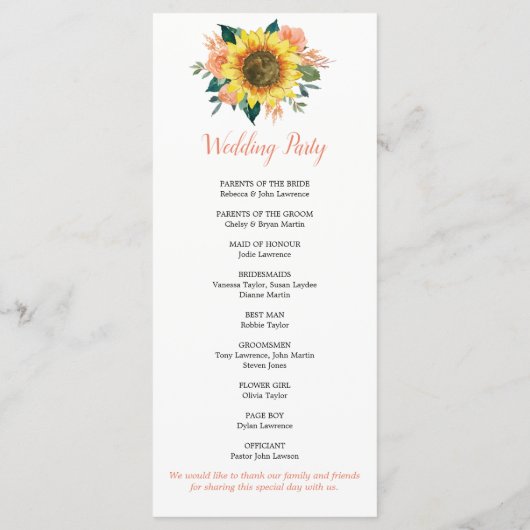 Zonnebloemperzik koraal bloemige geometrische brui programmakaart (Achterkant)