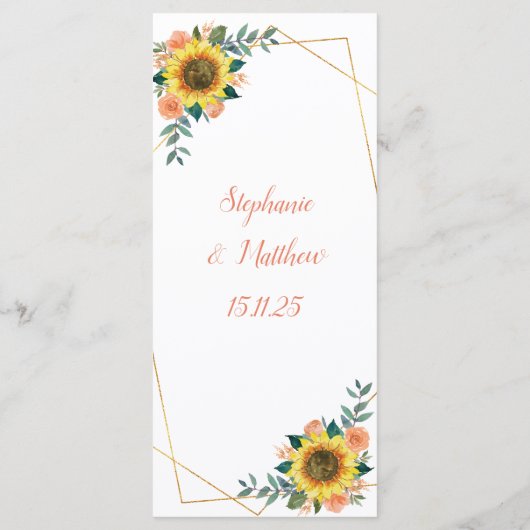 Zonnebloemperzik koraal Roos geometrische bruiloft Menu (Achterkant)