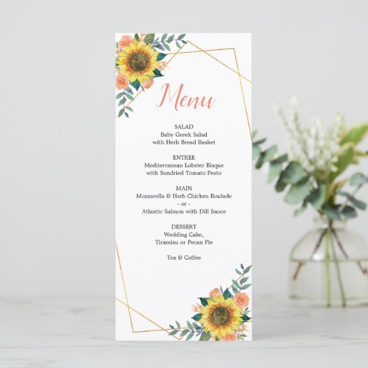Zonnebloemperzik koraal Roos geometrische bruiloft Menu (Staand voorkant)