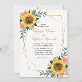 Zonnebloemperzik Rozen Modern Geometrisch Bruiloft Kaart