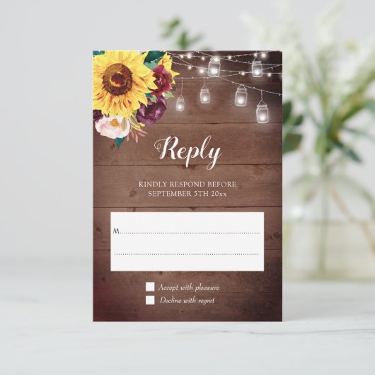 Zonnebloempot Lights Bourgondië Blush Bloemen Brui RSVP Kaartje (Staand voorkant)