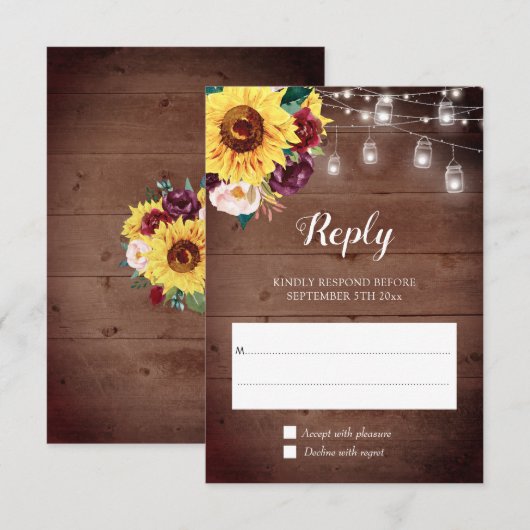 Zonnebloempot Lights Bourgondië Blush Bloemen Brui RSVP Kaartje (Voorkant / Achterkant)