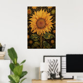 Zonnebloemprint, botanische dark academia poster (Thuiskantoor)