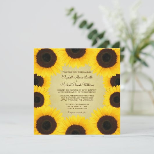 Zonnebloemrand bruiloft kaart (Staand voorkant)