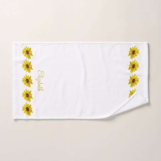 Zonnebloemrand in wit met naam bad handdoek (Handdoek)