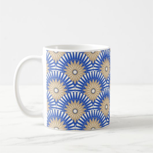 Zonnebloemretro - blauw, wit en bruin koffiemok (Links)